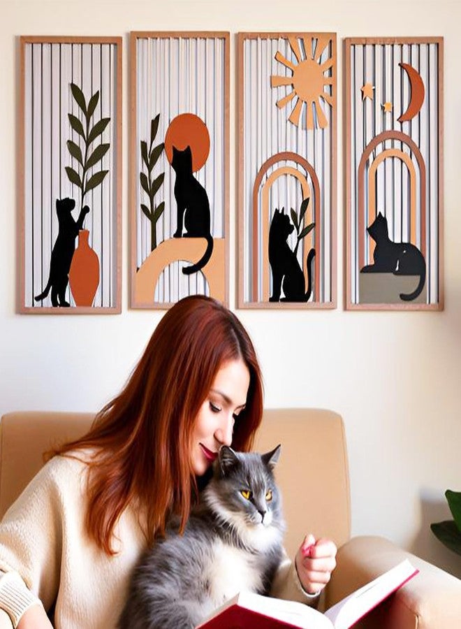 SHENGTIAN 4 Piece Unique Wall Art Set, Aesthetic Cat Art - Geometric Boho Wood Art, Black/Funny Cat Prints, Mid Century Modern Style, for Farmhouse/Office/Bedroom/Living Room, Narrow Vertical Design - Image 2